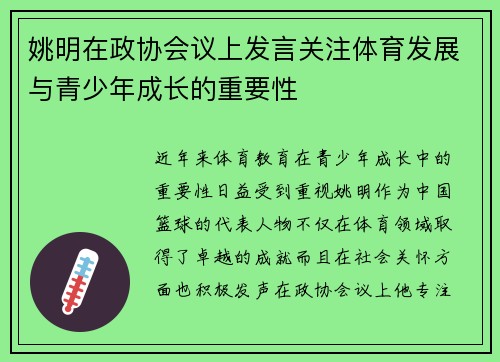 姚明在政协会议上发言关注体育发展与青少年成长的重要性